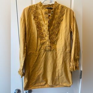 Zara Mustard Yellow Tunic Top Eyelet Ruffle Trim Medium Boho Fairy Prairie